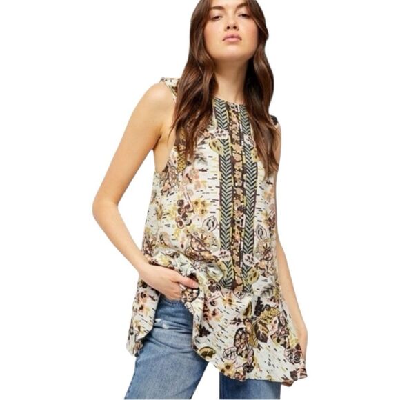 Free People Summer in Tulum Linen Tie Back Tunic / Mini Dress Sz M Botanical - Picture 1 of 8